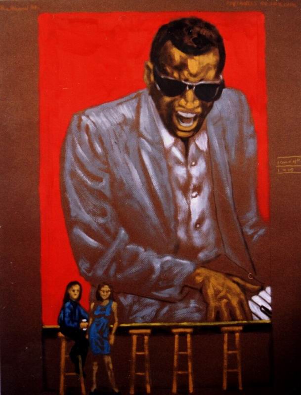 Drawing, coloured with oil paint. This was a preparatory sketch for one of four murals in a jazz club. 